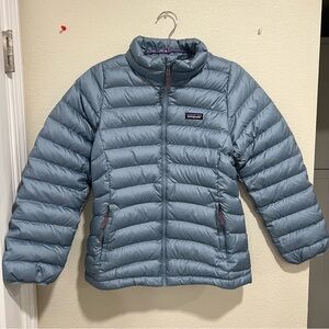 Patagonia Puffer Jacket Girls Gray Blue Full Zip Size XL/14 casual cozy warmth